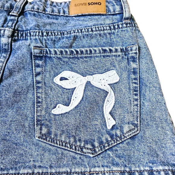 LOVE SOHO Bow Back Denim Mini Skirt Built-In Shorts Size 9 | Y2K Coquette Kawaii - Picture 5 of 11